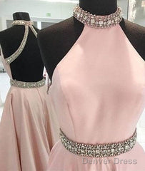 Pink High Neck Long Prom Dress, Pink Backless Evening Dress