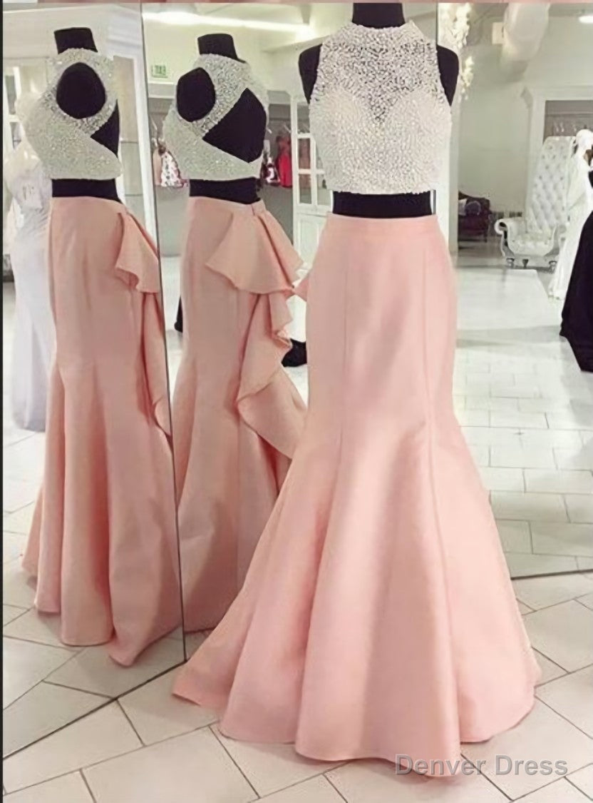 Pink High Neck Mermaid Backless Satin Long Pink Prom Dresses