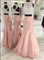 Pink High Neck Mermaid Backless Satin Long Pink Prom Dresses