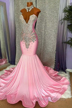 Pink High Neck Mermaid Beading Satin Prom Dresses