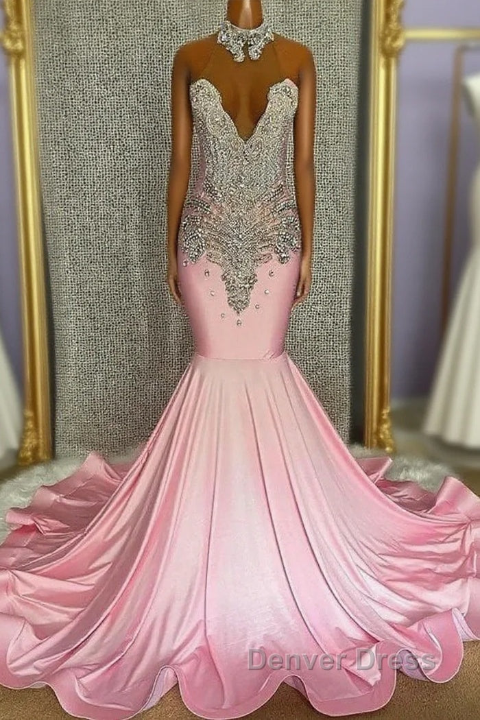Pink High Neck Mermaid Beading Satin Prom Dresses Main image