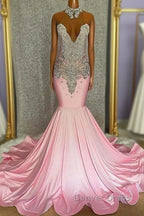 Pink High Neck Mermaid Beading Satin Prom Dresses