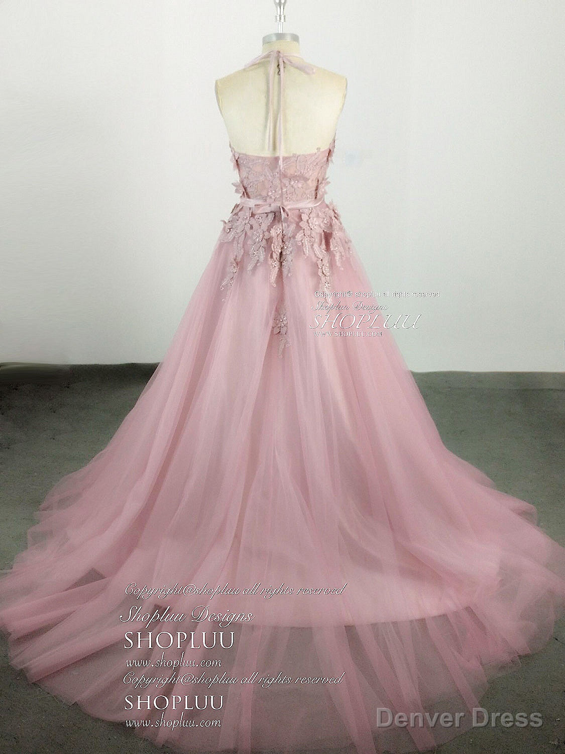 Pink High Neck Tulle Lace Applique Long Prom Dress, Pink Prom Dresses Secondary image