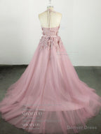 Pink High Neck Tulle Lace Applique Long Prom Dress, Pink Prom Dresses