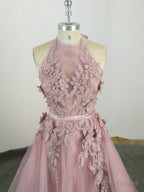 Pink High Neck Tulle Lace Applique Long Prom Dress, Pink Prom Dresses
