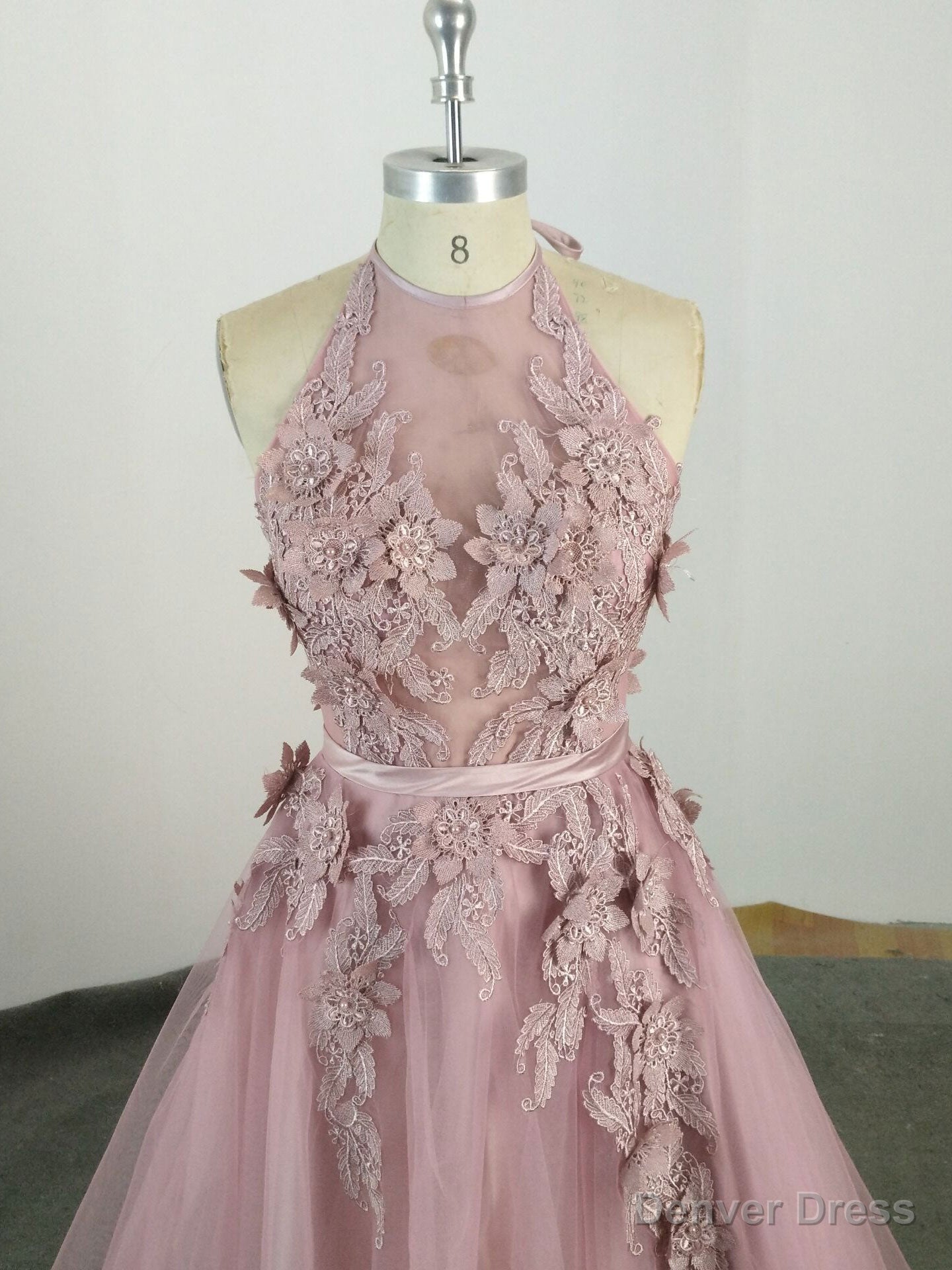 Pink High Neck Tulle Lace Applique Long Prom Dress, Pink Prom Dresses