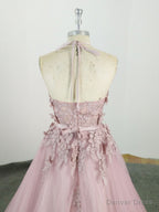 Pink High Neck Tulle Lace Applique Long Prom Dress, Pink Prom Dresses