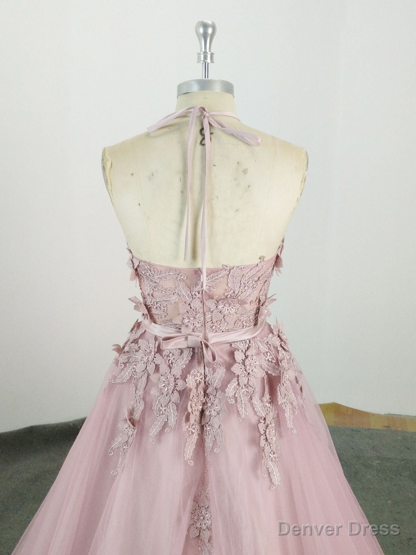 Pink High Neck Tulle Lace Applique Long Prom Dress, Pink Prom Dresses