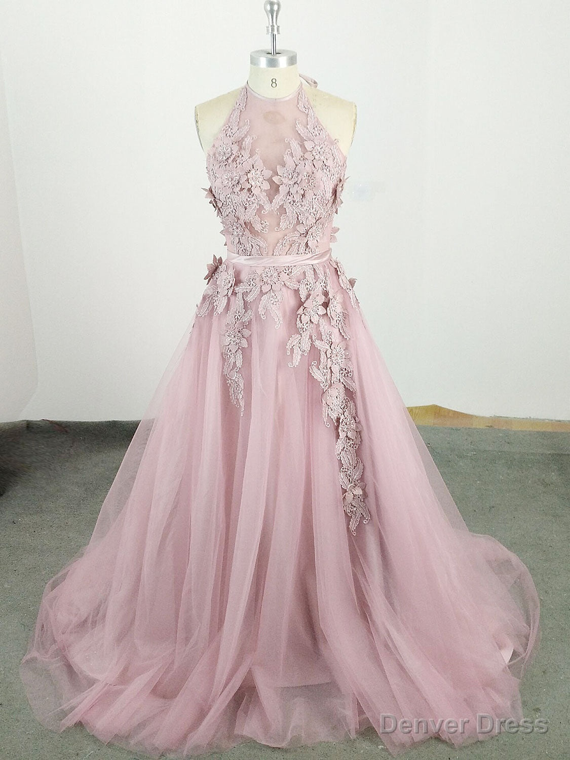 Pink High Neck Tulle Lace Applique Long Prom Dress, Pink Prom Dresses Main image