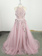 Pink High Neck Tulle Lace Applique Long Prom Dress, Pink Prom Dresses