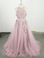 Pink High Neck Tulle Lace Applique Long Prom Dress, Pink Prom Dresses