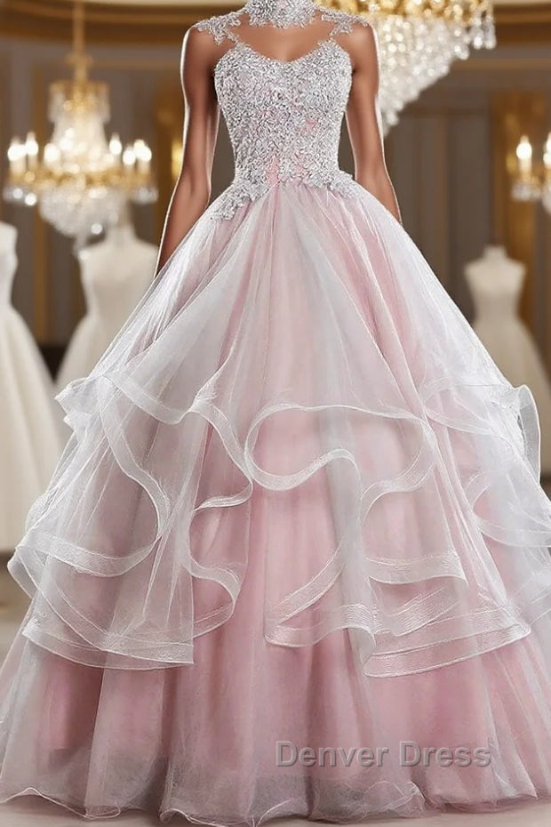 Pink high neck tulle lace long prom Dress, pink sweet 16 Dresses Main image