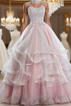 Pink high neck tulle lace long prom Dress, pink sweet 16 Dresses