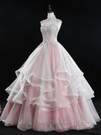 Pink high neck tulle lace long prom Dress, pink sweet 16 Dresses