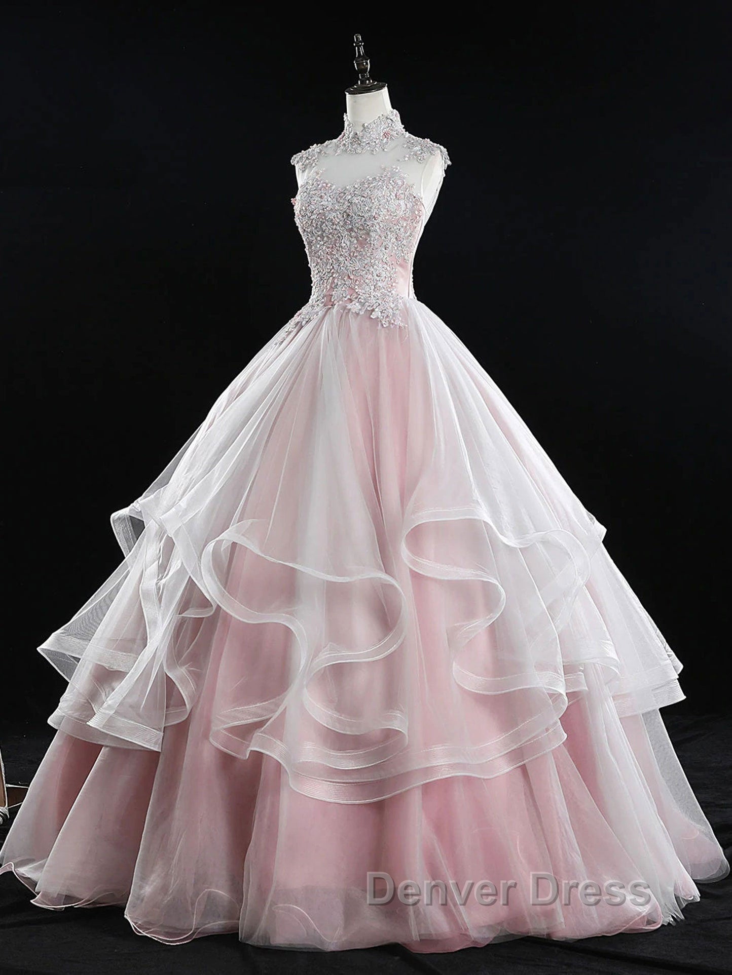 Pink high neck tulle lace long prom Dress, pink sweet 16 Dresses