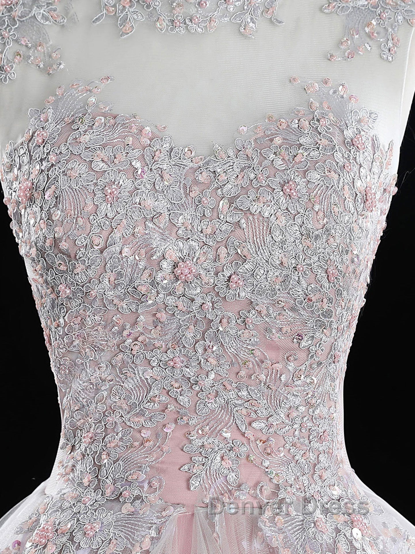Pink high neck tulle lace long prom Dress, pink sweet 16 Dresses