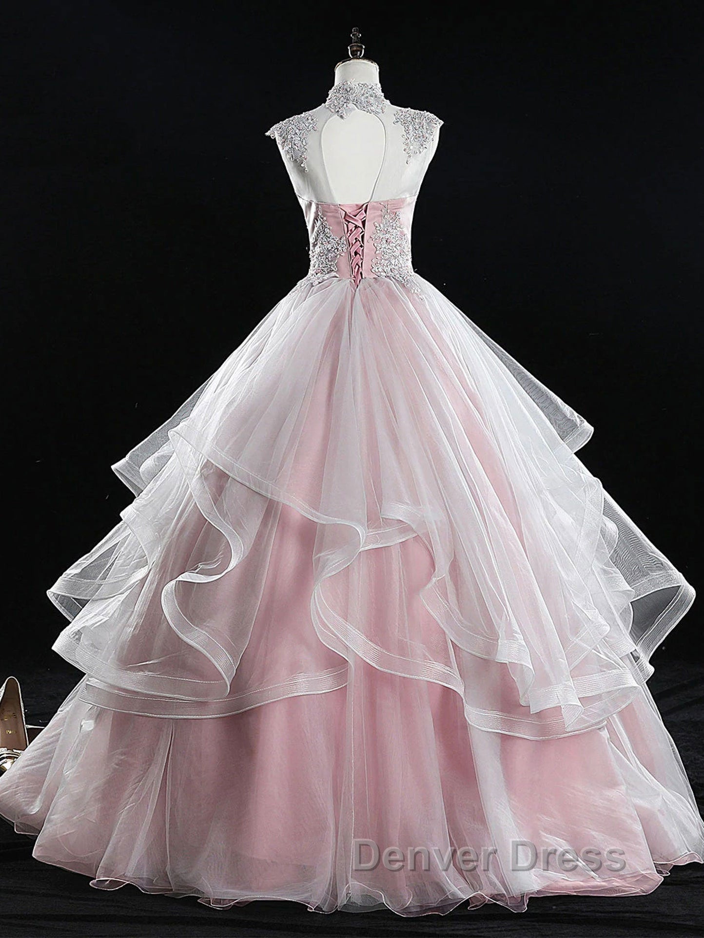 Pink high neck tulle lace long prom Dress, pink sweet 16 Dresses