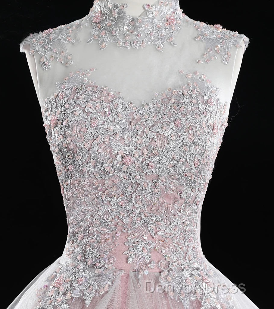 Pink High Neck Tulle Lace Long Prom Dresses, Pink Sweet 16 Gown Secondary image