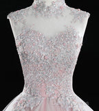 Pink High Neck Tulle Lace Long Prom Dresses, Pink Sweet 16 Gown