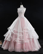 Pink High Neck Tulle Lace Long Prom Dresses, Pink Sweet 16 Gown