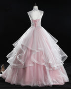 Pink High Neck Tulle Lace Long Prom Dresses, Pink Sweet 16 Gown