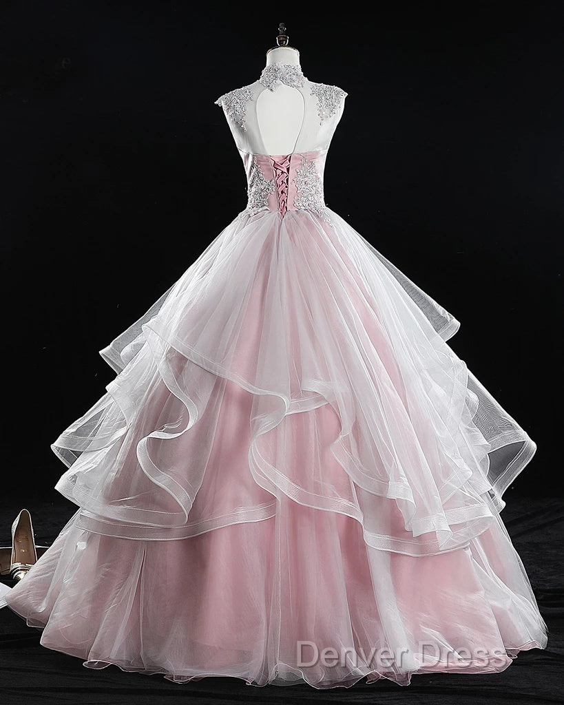 Pink High Neck Tulle Lace Long Prom Dresses, Pink Sweet 16 Gown