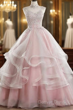 Pink High Neck Tulle Lace Long Prom Dresses, Pink Sweet 16 Gown