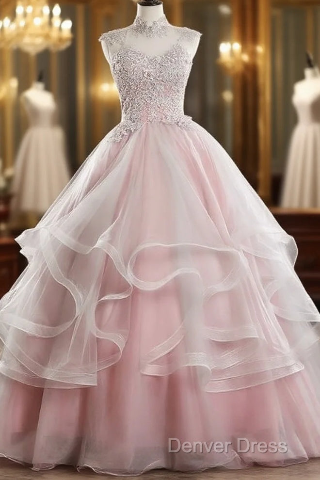 Pink High Neck Tulle Lace Long Prom Dresses, Pink Sweet 16 Gown