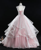 Pink High Neck Tulle Lace Long Sweet 16 Dress Tulle Lace Pink Prom Dresses