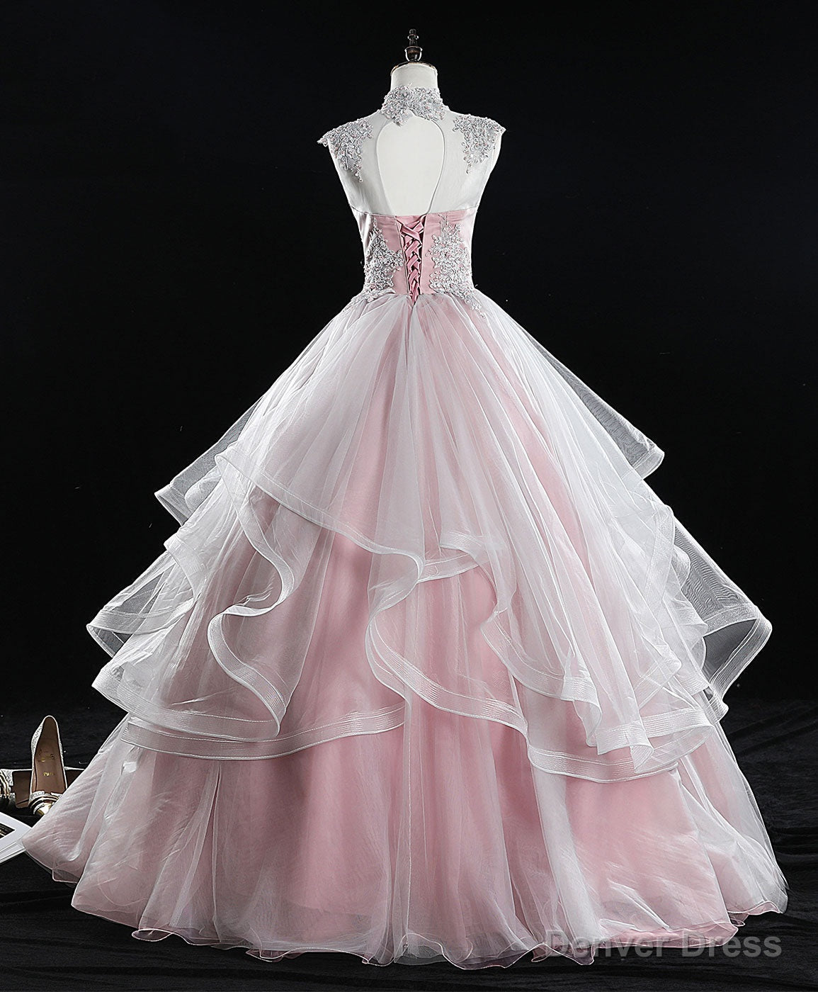 Pink High Neck Tulle Lace Long Sweet 16 Dress Tulle Lace Pink Prom Dresses