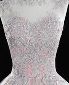 Pink High Neck Tulle Lace Long Sweet 16 Dress Tulle Lace Pink Prom Dresses