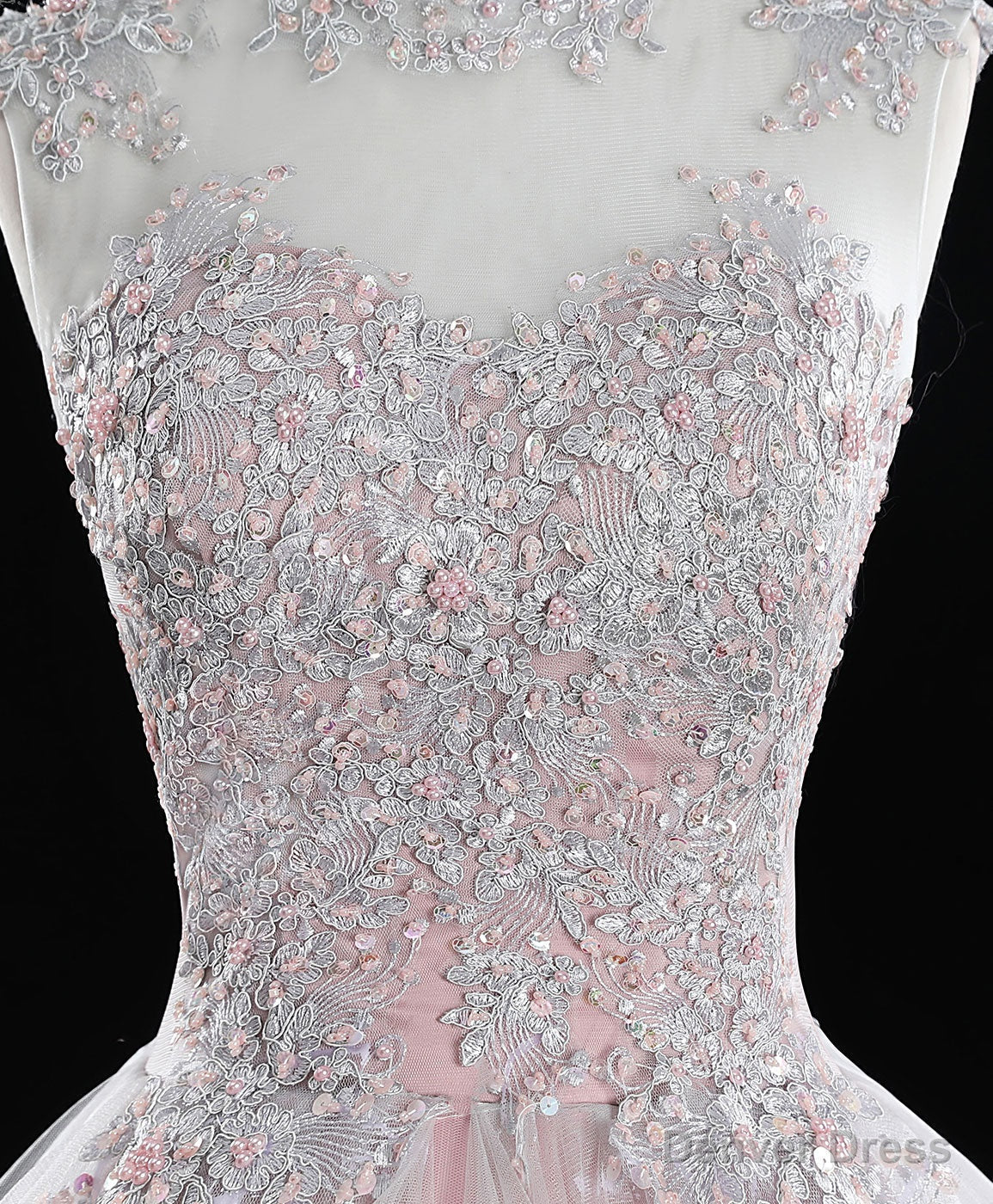 Pink High Neck Tulle Lace Long Sweet 16 Dress Tulle Lace Pink Prom Dresses
