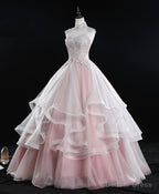 Pink High Neck Tulle Lace Long Sweet 16 Dress Tulle Lace Pink Prom Dresses