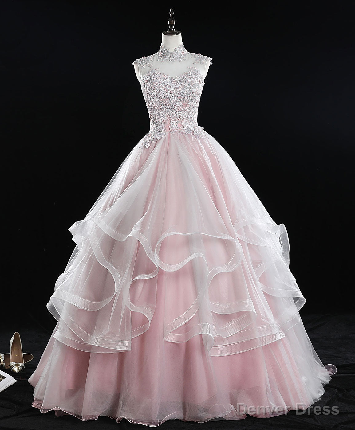 Pink High Neck Tulle Lace Long Sweet 16 Dress Tulle Lace Pink Prom Dresses Secondary image