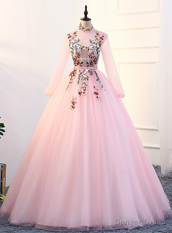 Pink High Neck Tulle Long Sleeve Backless Quinceanera Dresses