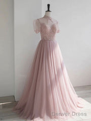 Pink High Neck Tulle Sequin Long Prom Dress, Pink A Line Evening Dress