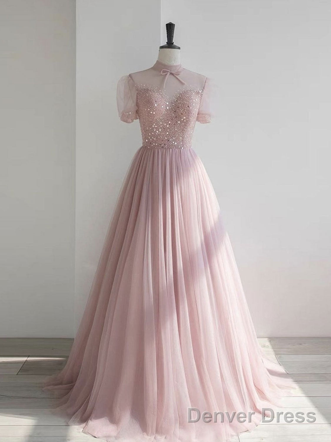 Pink High Neck Tulle Sequin Long Prom Dress, Pink A Line Evening Dress Main image