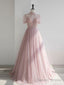 Pink High Neck Tulle Sequin Long Prom Dress, Pink A Line Evening Dress