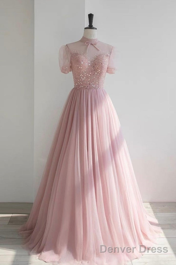 Pink High Neckline Beaded Tulle Short Sleeves Party Dress, Lovely Pink Formal Dresses Secondary image