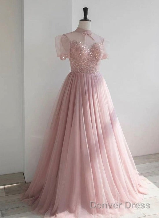Pink High Neckline Beaded Tulle Short Sleeves Party Dress, Lovely Pink Formal Dresses Main image