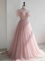 Pink High Neckline Beaded Tulle Short Sleeves Prom Dress, Lovely Pink Prom Dresses