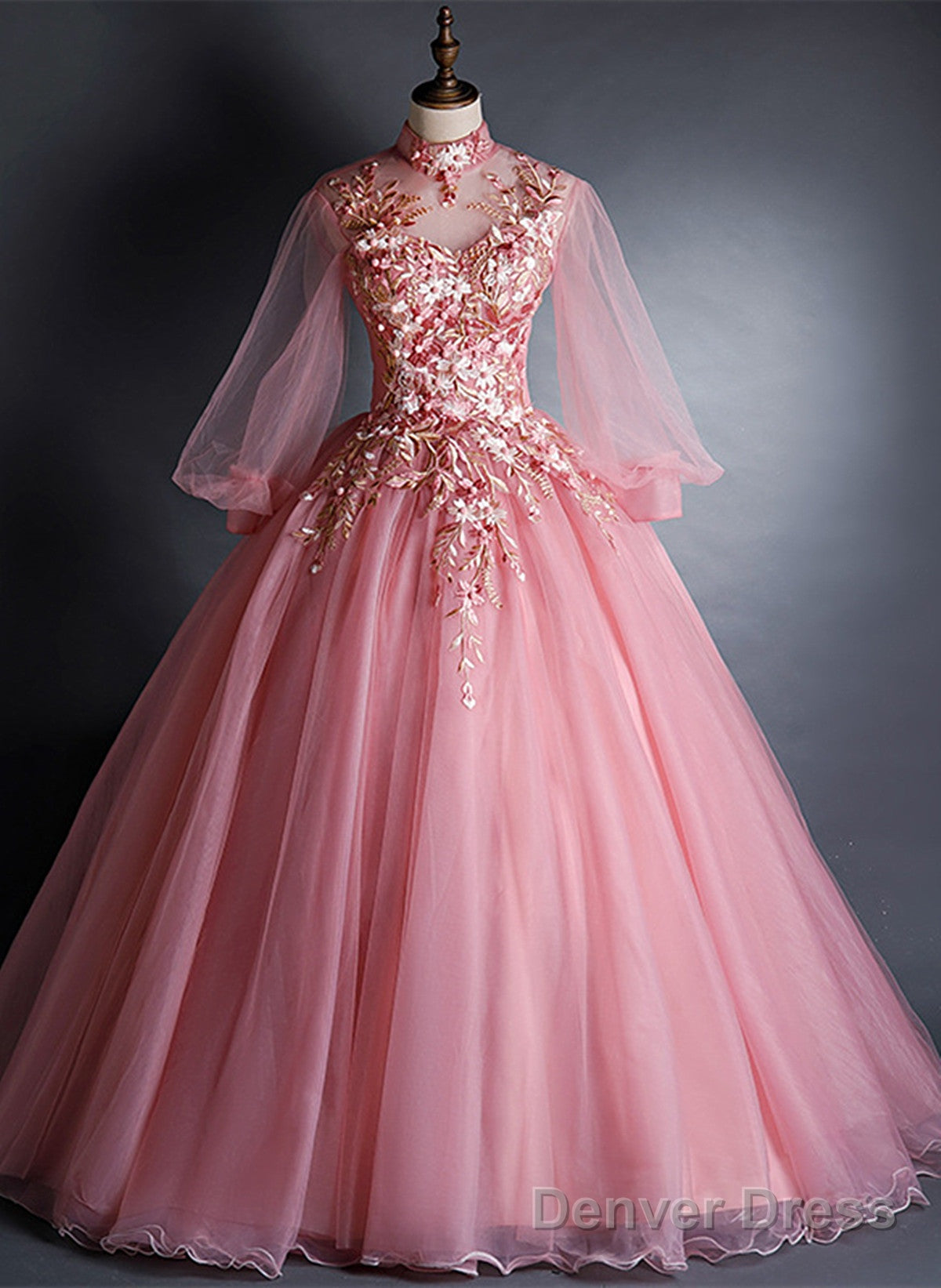 Pink High Neckline Floral Lace Puffy Sleeves Sweet 16 Dress, Pink Tulle Formal Dress Main image