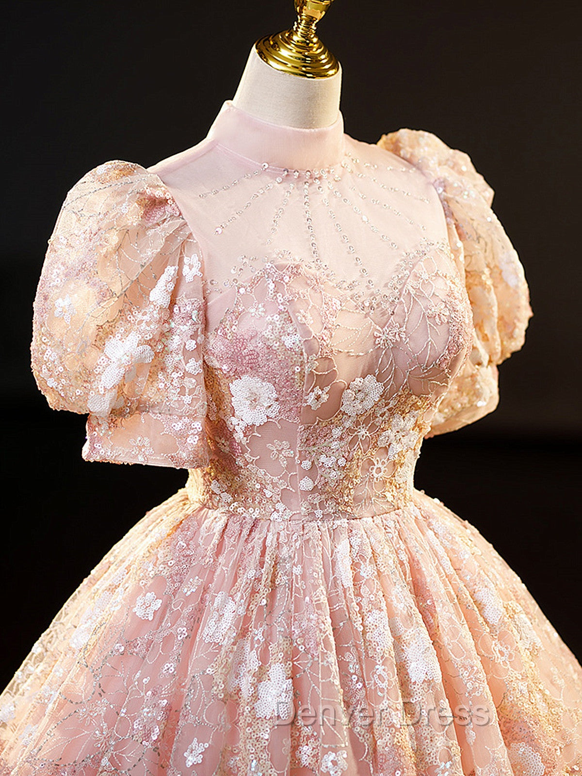 Pink High Neckline Short Sleeves Lace Floral Long Prom Dress, Pink Sweet 16 Dresses