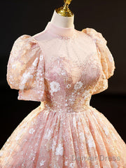 Pink High Neckline Short Sleeves Lace Floral Long Party Dress, Pink Sweet 16 Dress