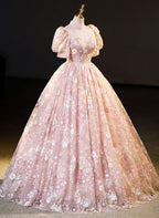 Pink High Neckline Short Sleeves Lace Floral Long Prom Dress, Pink Sweet 16 Dresses