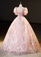 Pink High Neckline Short Sleeves Lace Floral Long Prom Dress, Pink Sweet 16 Dresses