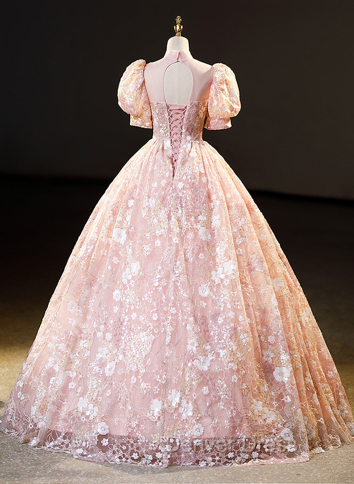 Pink High Neckline Short Sleeves Lace Floral Long Prom Dress, Pink Sweet 16 Dresses