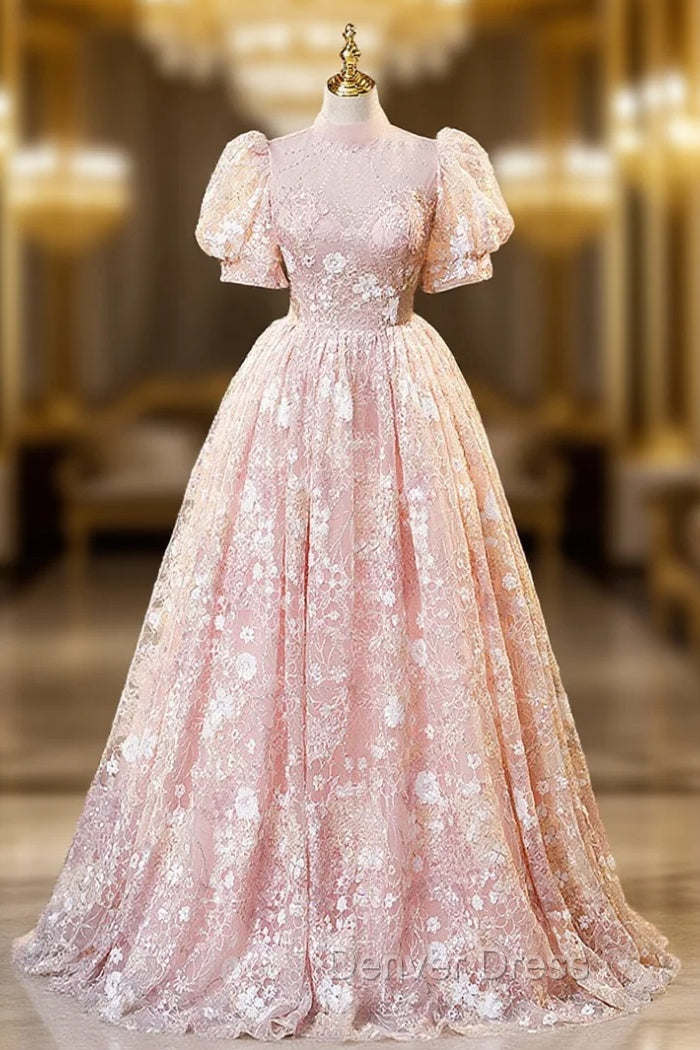 Pink High Neckline Short Sleeves Lace Floral Long Prom Dress, Pink Sweet 16 Dresses