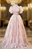 Pink High Neckline Short Sleeves Lace Floral Long Prom Dress, Pink Sweet 16 Dresses