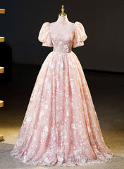 Pink High Neckline Short Sleeves Lace Floral Long Party Dress, Pink Sweet 16 Dress